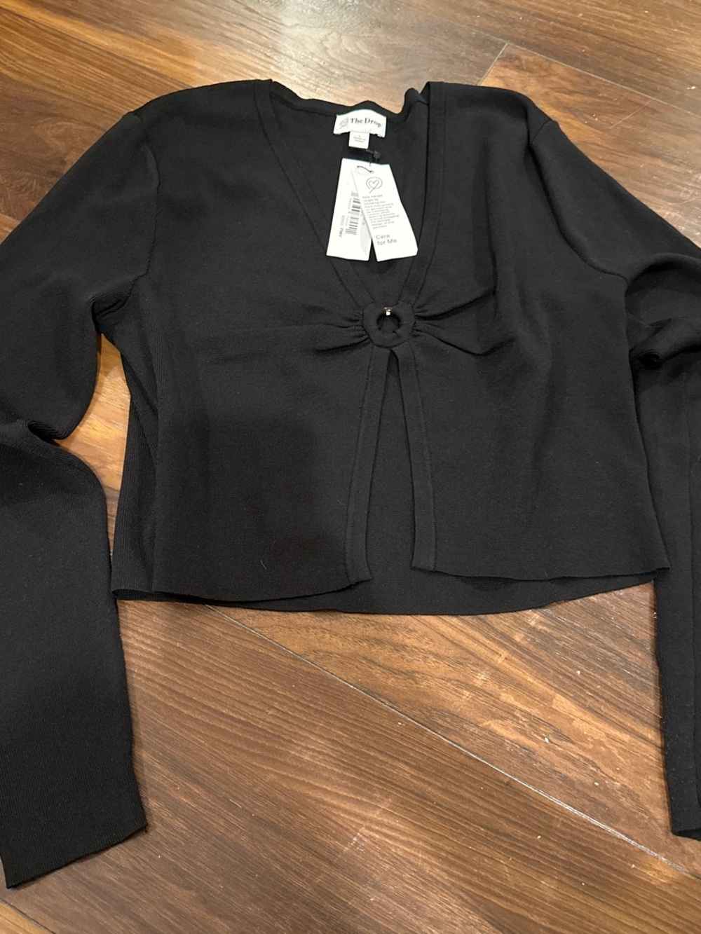 The Drop Black Cropped Long-Sleeve Knot Front Top
